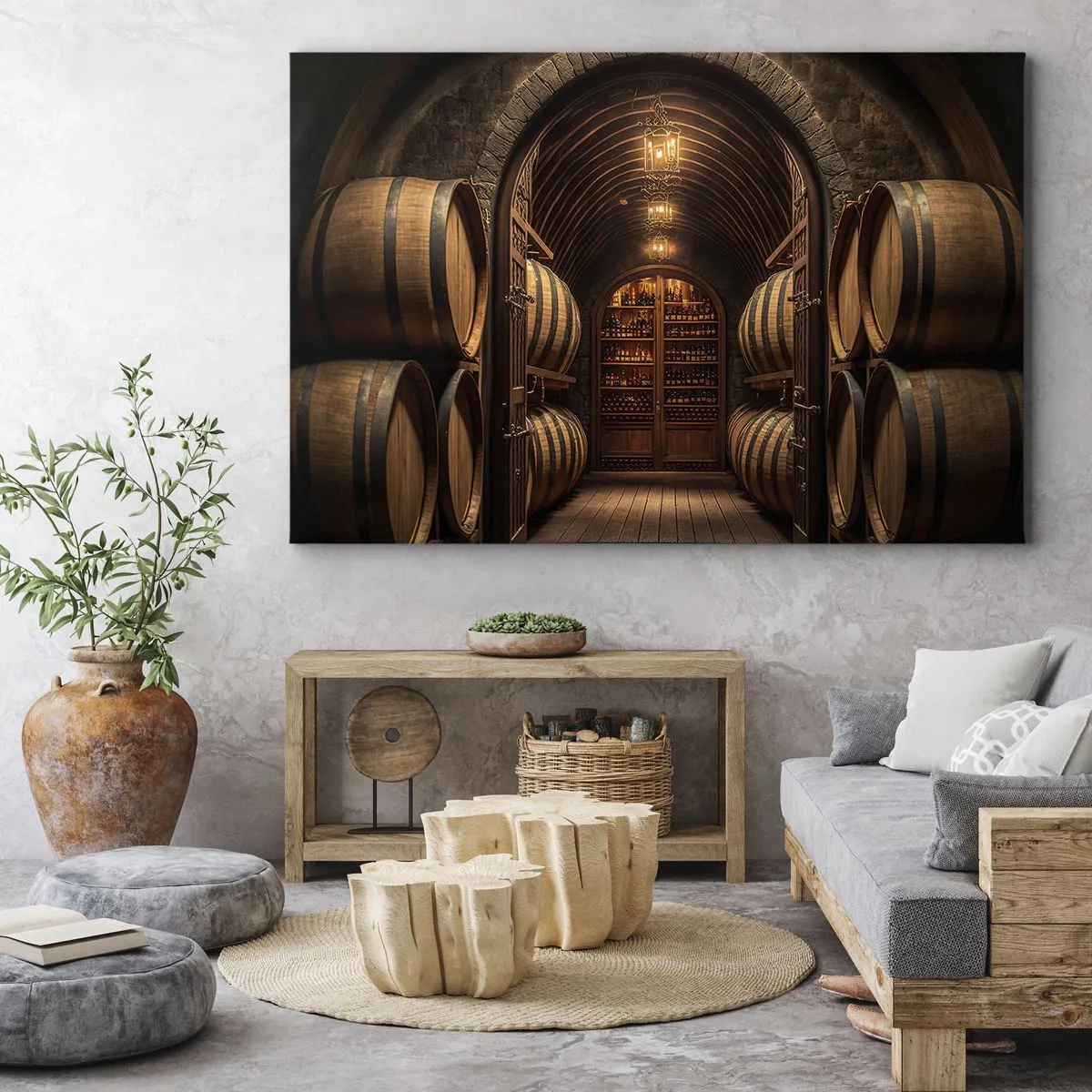 Obraz na płótnie - Winiarnia z drewnianymi beczkami i półkami z winami - 70x50cm - Klimatyczna piwnica - Nowoczesna dekoracja ścienna do salonu i sypialni ARTTOR