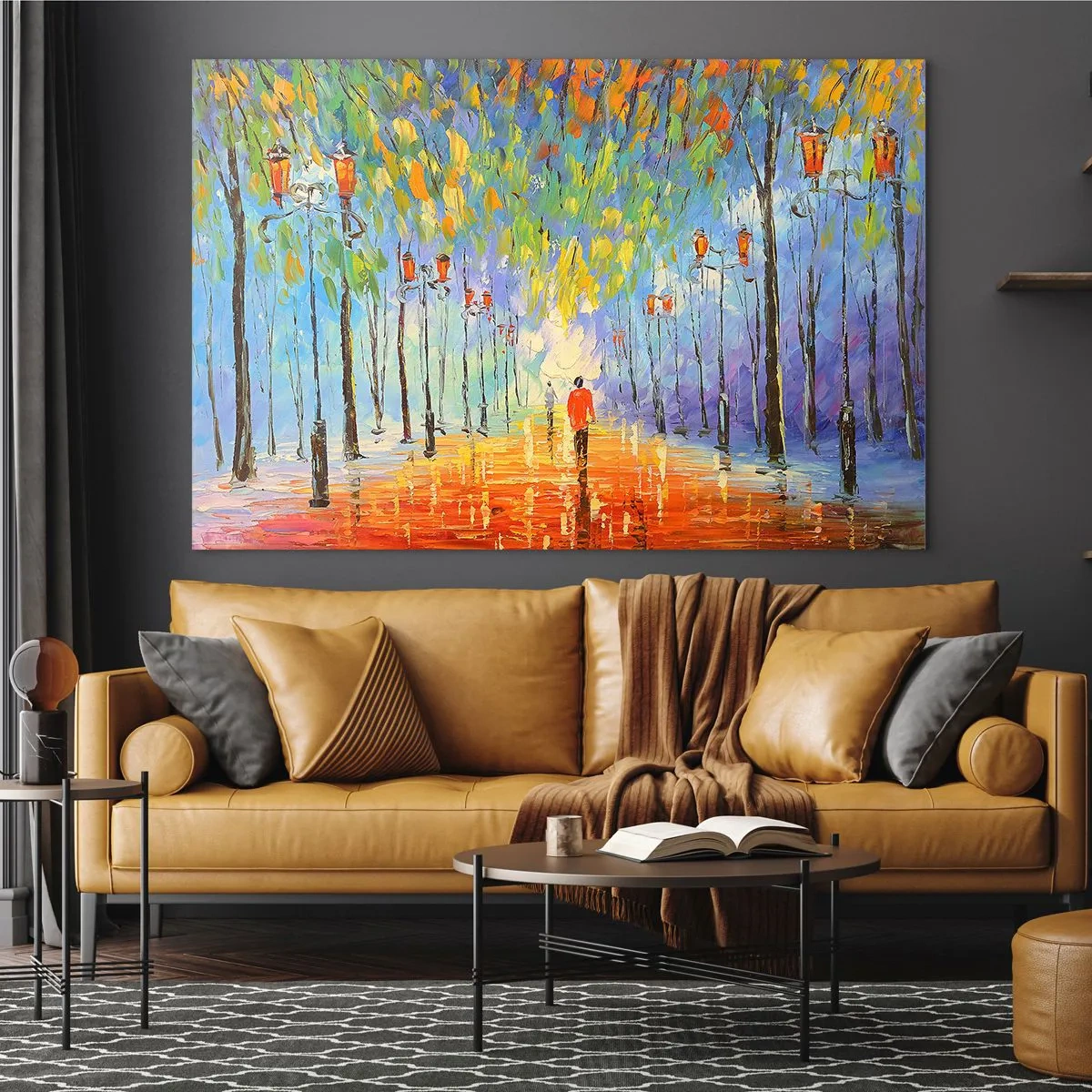 Obraz na szkle - Kolorowy park z alejką i latarniami w malarskim stylu - 70x50cm - Nocna piosenka deszczu - Nowoczesna dekoracja ścienna do salonu i sypialni ARTTOR