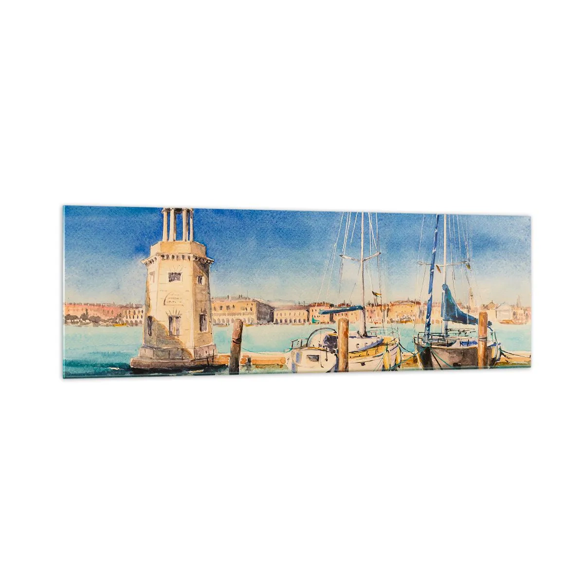 Obraz na szkle - Marina z łodziami na tle błękitnej laguny - 160x50cm - Słoneczna laguna - Nowoczesna dekoracja ścienna do salonu i sypialni ARTTOR