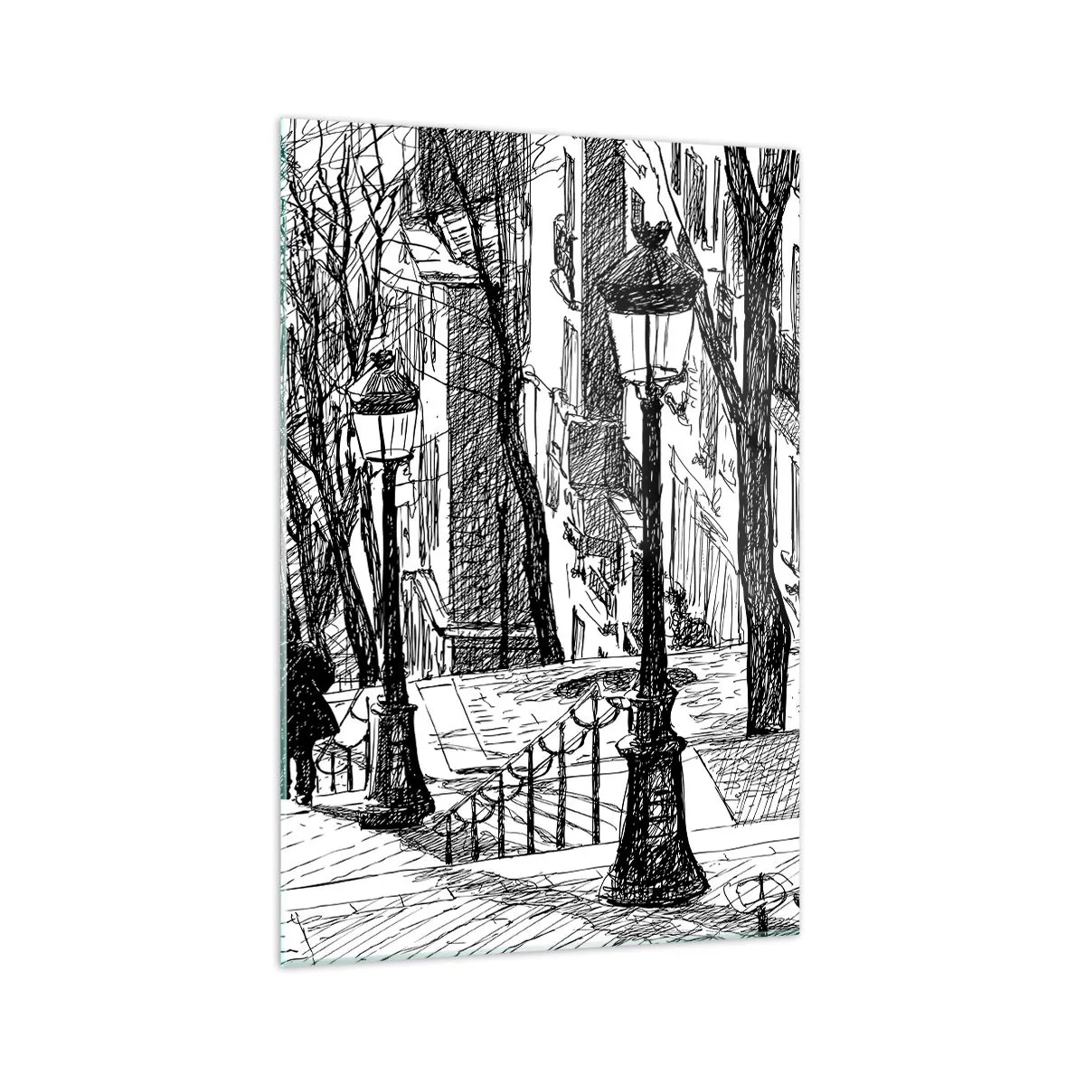 Obraz na szkle - Ulica z lampami i sylwetką człowieka w technice szkicowej - 70x100cm - Historia miłosna czy opowieśc grozy? - Nowoczesna dekoracja ścienna do salonu i sypialni ARTTOR
