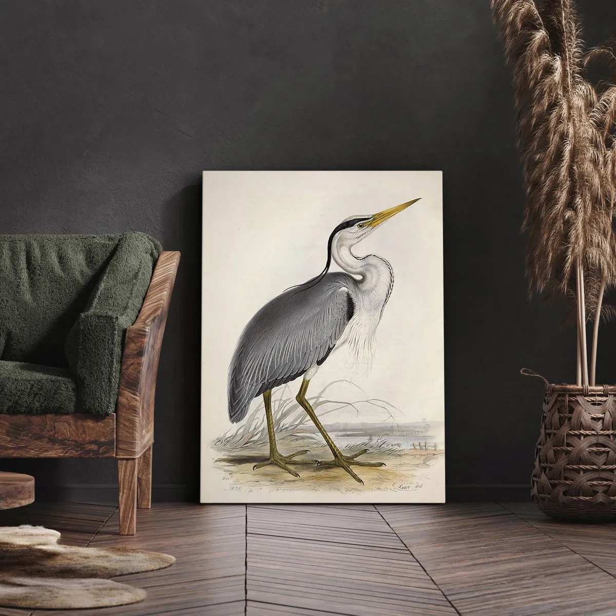 Obraz na płótnie - Elegancka ilustracja czapli stojącej na brzegu w delikatnych odcieniach - 50x70cm - Czapli wdzięk - Nowoczesna dekoracja ścienna do salonu, kuchni i sypialni ARTTOR