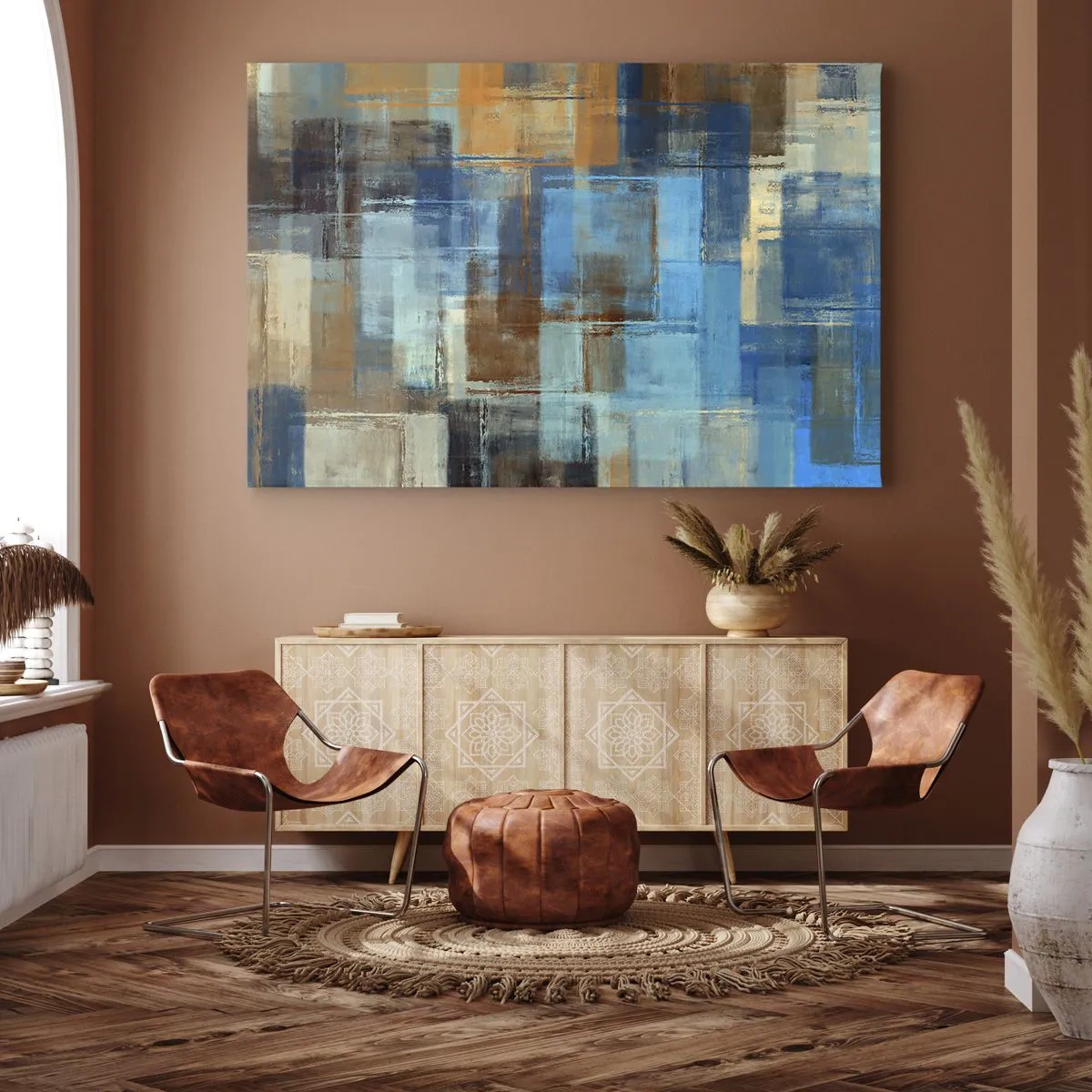 Obraz na płótnie - Abstrakcyjna kompozycja geometryczna w odcieniach niebieskiego i brązu - 70x50cm - Przez błękitną zasłonę - Nowoczesna dekoracja ścienna do salonu i sypialni ARTTOR