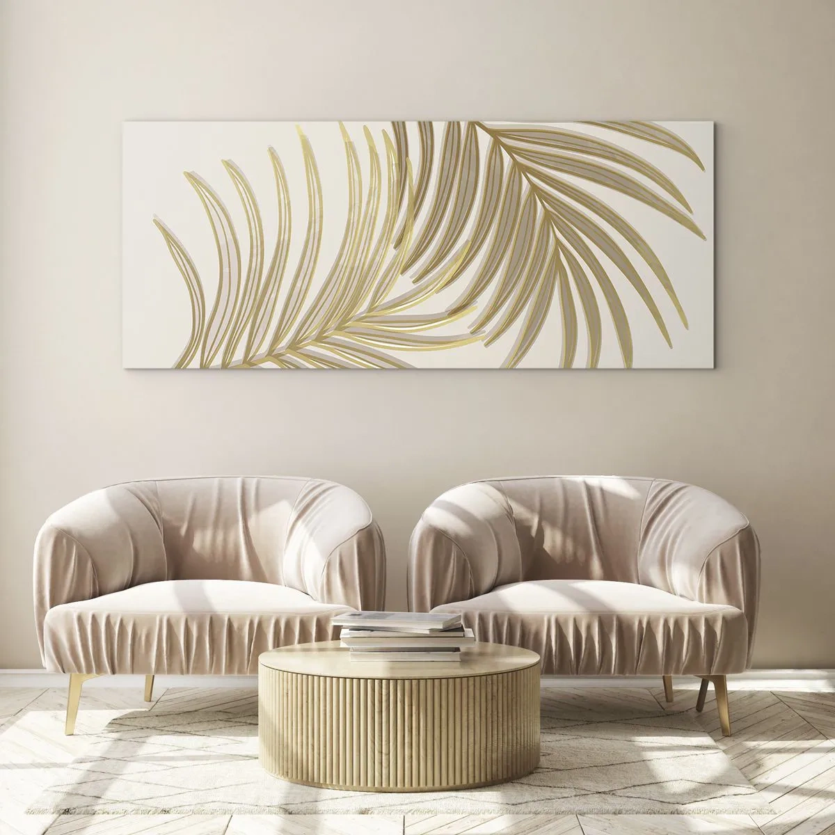 Obraz na szkle - Złote liście palmowe na jasnym tle w minimalistycznym stylu - 120x50cm - Złota Palma! - Nowoczesna dekoracja ścienna do salonu i sypialni ARTTOR