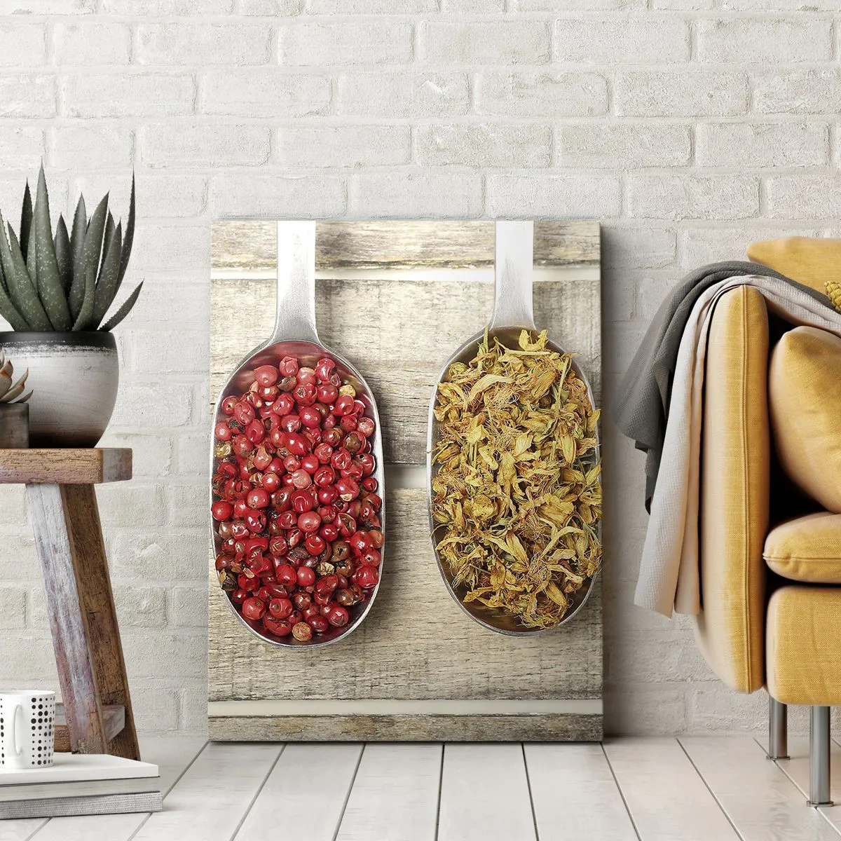 Obraz na płótnie - Zioła i przyprawy w dwóch metalowych łyżkach na drewnianym tle - 50x70cm - Kuchenna magia - Nowoczesna dekoracja ścienna do salonu, kuchni i sypialni ARTTOR