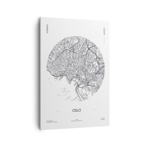 Obraz na płótnie - Mapa Oslo w minimalistycznym, czarno-białym stylu - 70x100cm - Anatomia Oslo - Nowoczesna dekoracja ścienna do salonu i sypialni ARTTOR