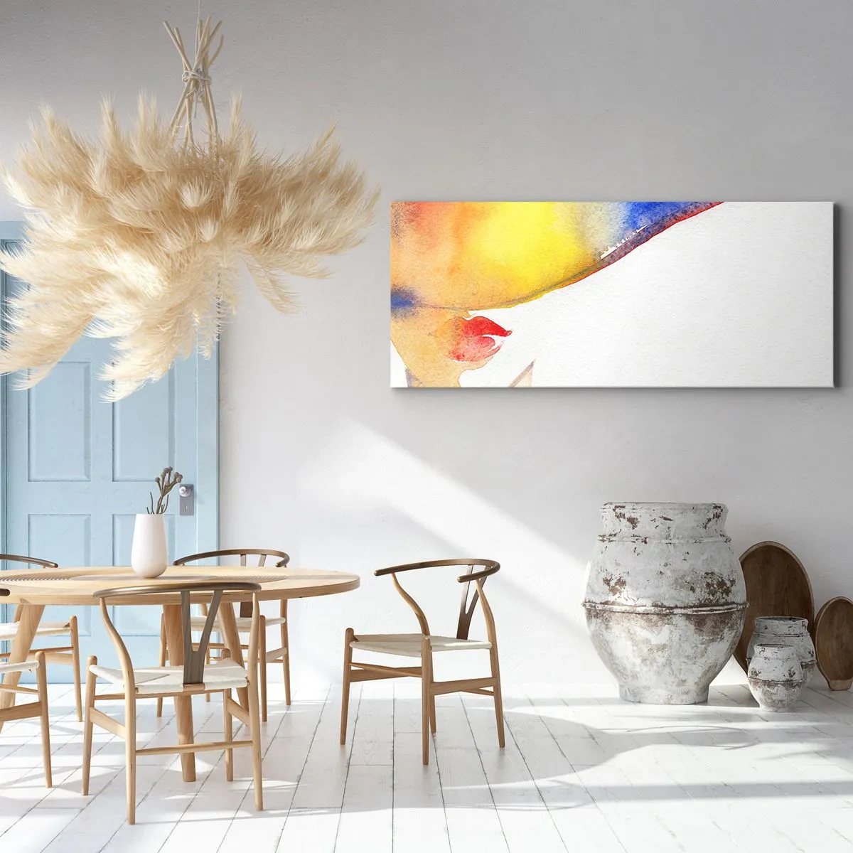 Obraz na płótnie - Minimalistyczna akwarela kobiecego profilu z kolorowym kapeluszem - 120x50cm - Portret damy - Nowoczesna dekoracja ścienna do salonu i sypialni ARTTOR