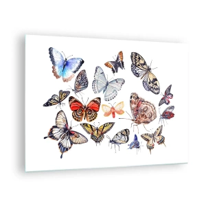 Obraz na szkle - Kolorowe motyle w artystycznej kompozycji - 70x50cm - Koronkowy, barwny rój - Nowoczesna dekoracja ścienna do salonu i sypialni ARTTOR
