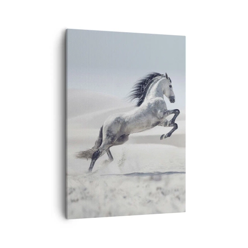 Obraz na płótnie - Biały koń w dynamicznym skoku na tle pustyni - 50x70cm - Arabski książę - Nowoczesna dekoracja ścienna do salonu, kuchni i sypialni ARTTOR