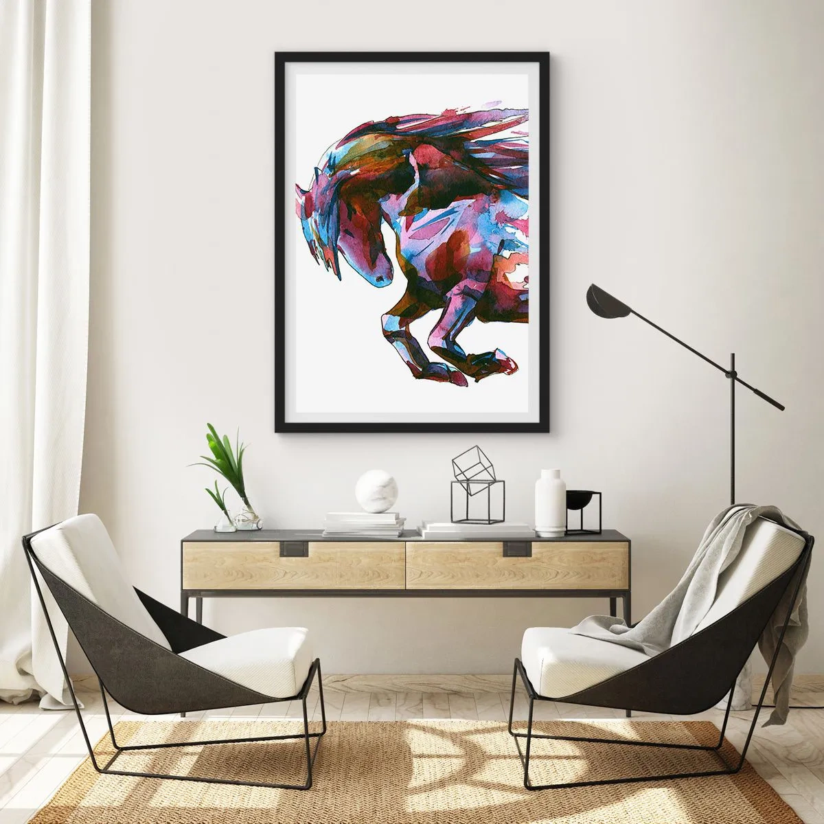 Plakat w czarnej ramie - Kolorowy abstrakcyjny koń w dynamicznej pozycji - 50x70cm - W uniesieniu - Nowoczesna dekoracja ścienna do salonu i sypialni ARTTOR