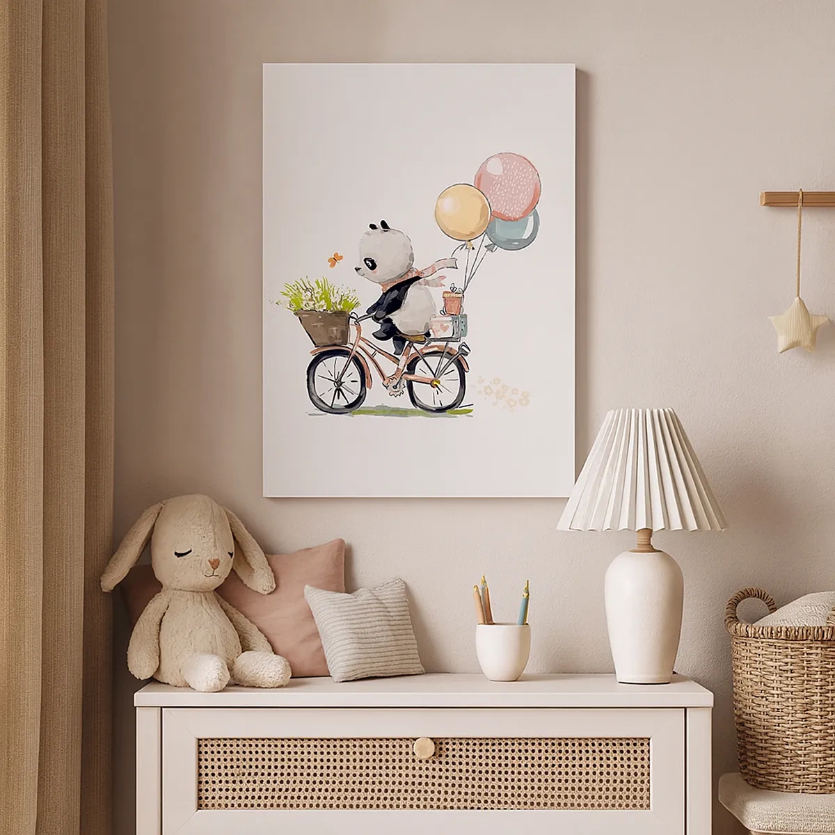 Obraz na płótnie - Ilustracja pandy na rowerze z balonami, kwiatami i prezentem - 50x70cm - Szczęśliwy dzień - Nowoczesna dekoracja ścienna do salonu, kuchni i sypialni ARTTOR