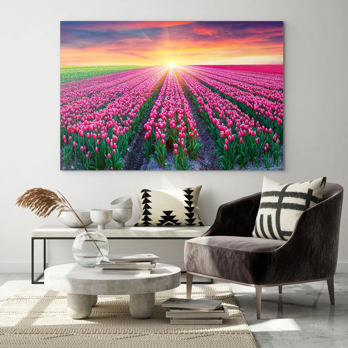 Obraz na szkle - Pole różowych tulipanów w promieniach zachodzącego słońca - 120x80cm - Farma piękności - Nowoczesna dekoracja ścienna do salonu, kuchni i sypialni ARTTOR