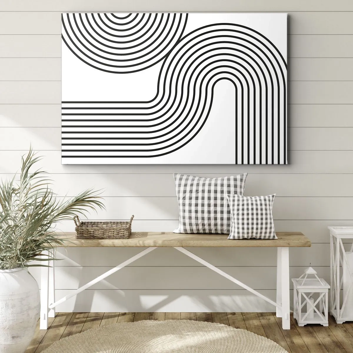 Obraz na płótnie - Abstrakcyjny obraz z czarnymi liniami tworzącymi geometryczne wzory na białym tle - 70x50cm - Na zakręcie - Nowoczesna dekoracja ścienna do salonu i sypialni ARTTOR
