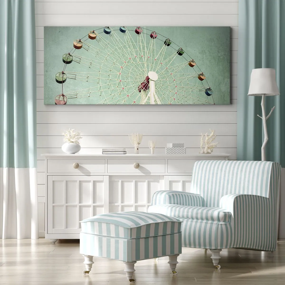 Obraz na płótnie - Kolorowy diabelski młyn na tle błękitnego nieba w stylu retro - 140x50cm - Zapraszamy do zabawy - Nowoczesna dekoracja ścienna do salonu i sypialni ARTTOR