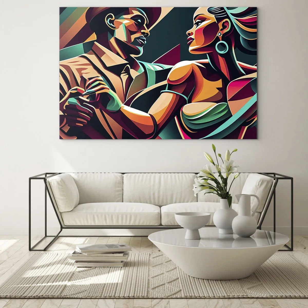 Obraz na szkle - Kolorowa para tańcząca w stylu art deco z dynamiczną ekspresją - 70x50cm - W rytmie serca - Nowoczesna dekoracja ścienna do salonu i sypialni ARTTOR