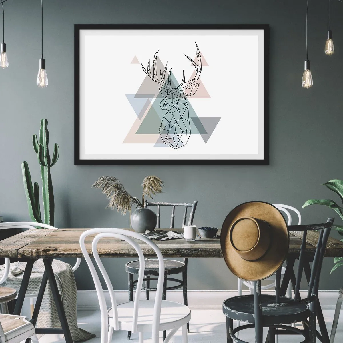 Plakat w czarnej ramie - Geometryczny jeleń na tle pastelowych trójkątów - 70x50cm - W geometrycznym lesie - Nowoczesna dekoracja ścienna do salonu i sypialni ARTTOR