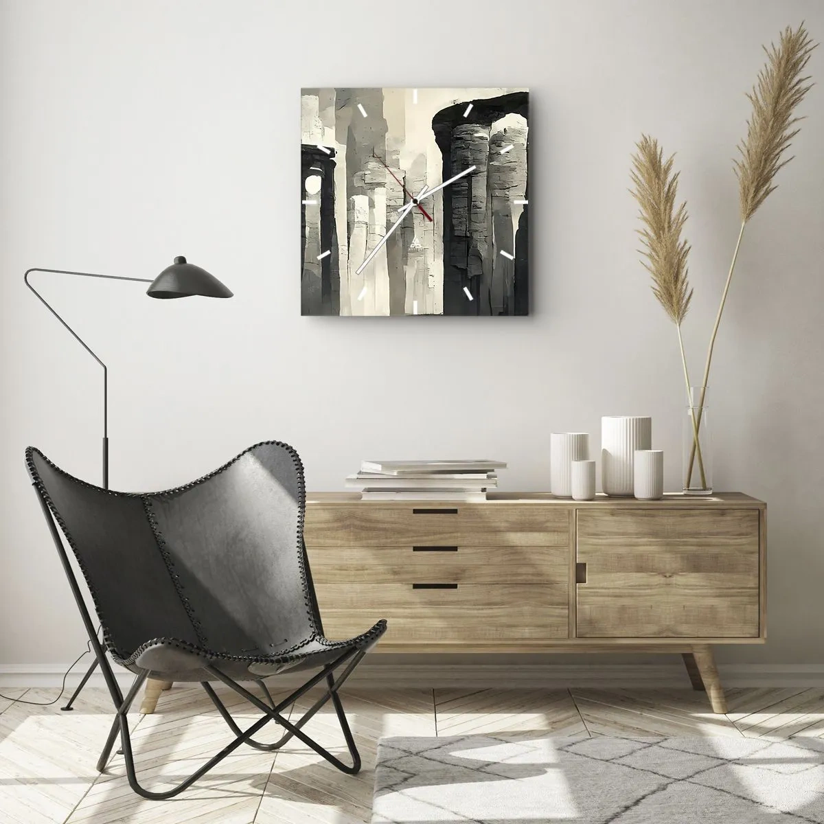 Zegar ścienny - Zabytkowe kolumny w klimatycznej monochromatycznej scenerii - 30x30cm - Majestat antyku - Nowoczesna dekoracja ścienna do salonu i sypialni ARTTOR