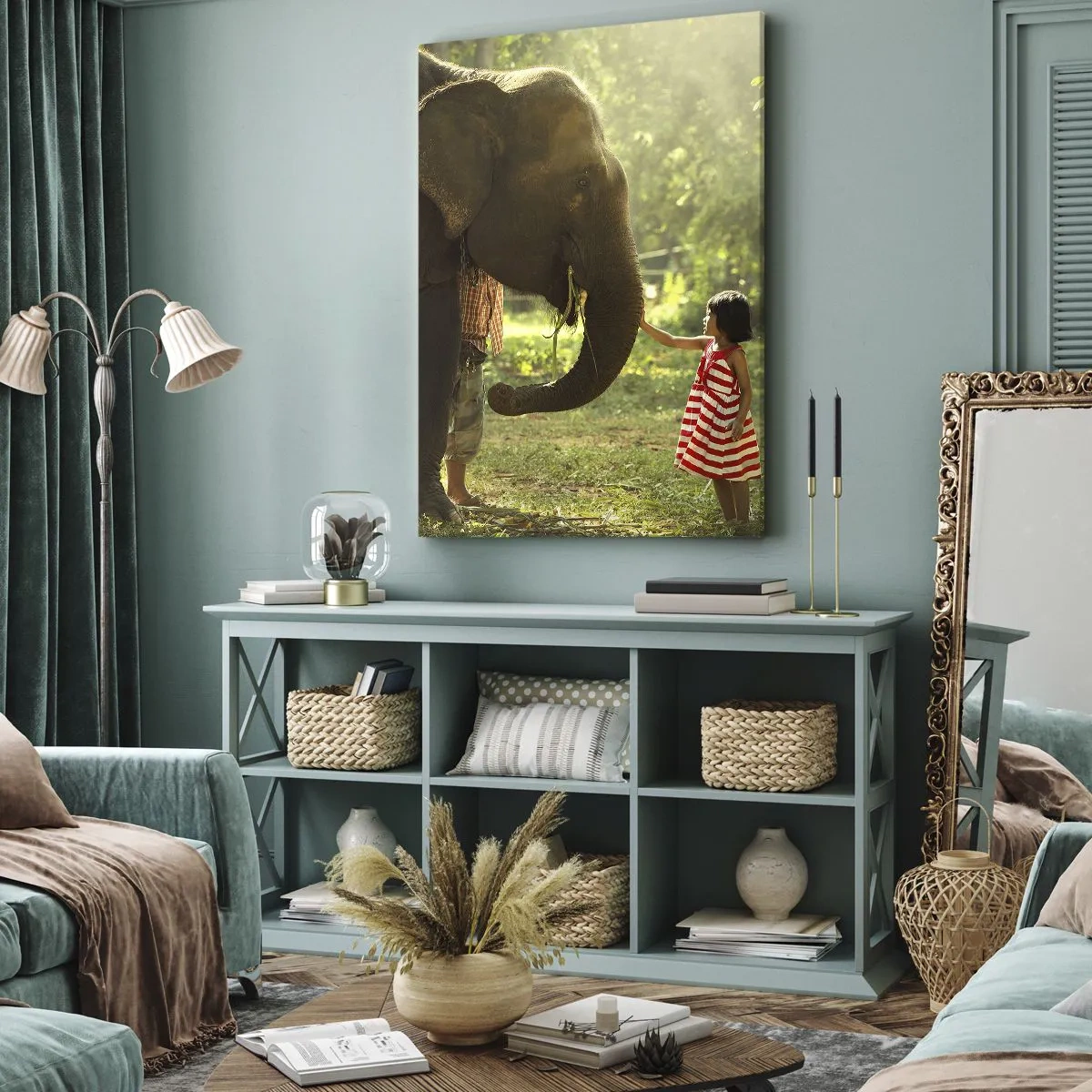 Obraz na płótnie - Dziewczynka w czerwonej sukience dotykająca słonia w lesie - 80x120cm - Siła przyjaźni - Nowoczesna dekoracja ścienna do salonu i sypialni ARTTOR