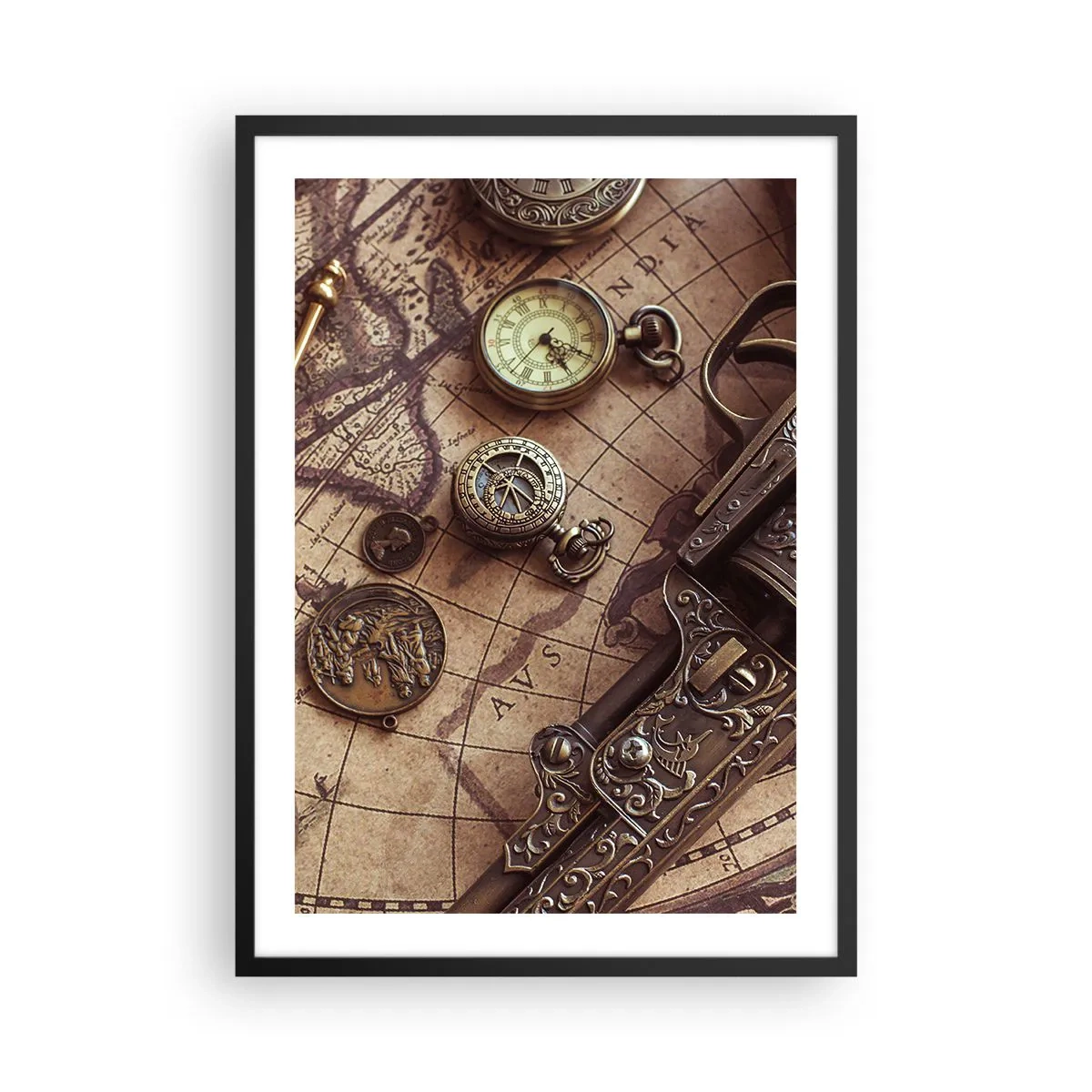 Plakat w czarnej ramie - Kompas, mapa i staroświeckie przedmioty symbolizujące przygodę - 50x70cm - Przygoda wzywa - Nowoczesna dekoracja ścienna do salonu i sypialni ARTTOR