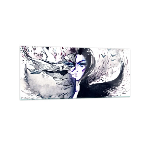 Obraz na szkle - Abstrakcyjna twarz z kontrastowymi elementami i motywem skrzydeł - 120x50cm - Demoniczna i piękna - Nowoczesna dekoracja ścienna do salonu i sypialni ARTTOR