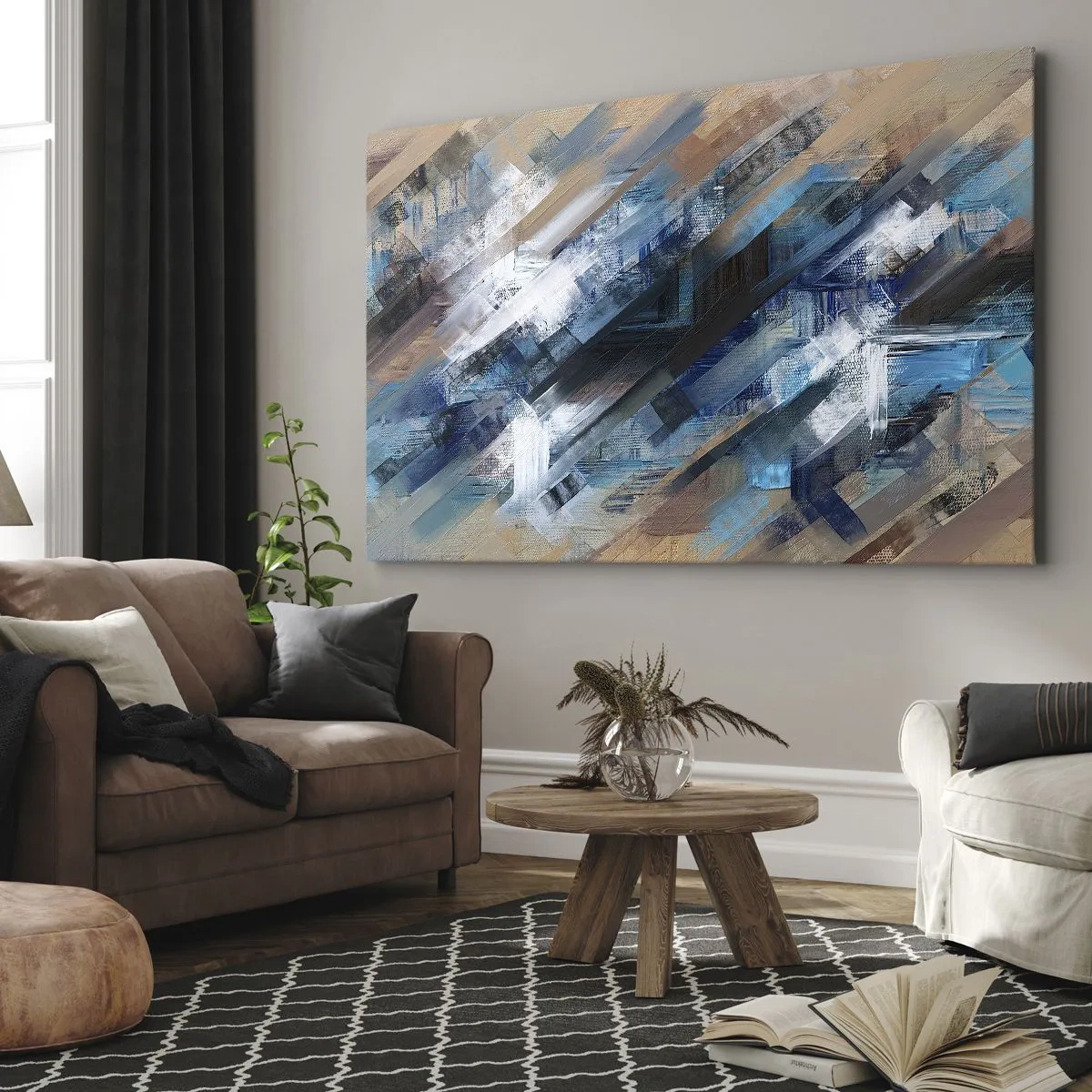 Obraz na płótnie - Abstrakcyjna kompozycja z błękitnymi ukośnymi liniami - 70x50cm - Po błękitnym skosie - Nowoczesna dekoracja ścienna do salonu i sypialni ARTTOR