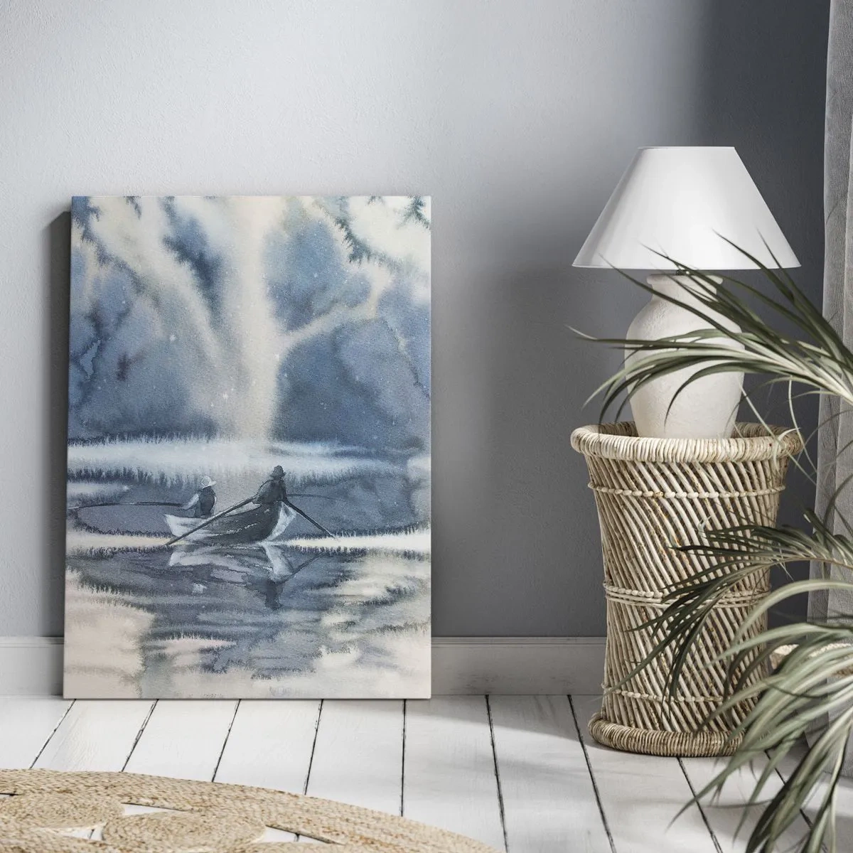 Obraz na płótnie - Akwarelowy krajobraz z łodziami na jeziorze otoczonym mglistym lasem - 80x120cm - Wędkarze w swoim raju - Nowoczesna dekoracja ścienna do salonu i sypialni ARTTOR