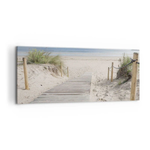 Obraz na płótnie - Ścieżka z desek prowadząca na piaszczystą plażę - 120x50cm - Po horyzont - Nowoczesna dekoracja ścienna do salonu i sypialni ARTTOR