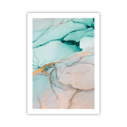 Plakat - Abstrakcyjna kompozycja w odcieniach turkusu i złota - 50x70cm - Taniec kształtów i barw - Nowoczesna dekoracja ścienna do salonu, kuchni i sypialni ARTTOR
