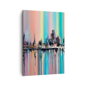 Obraz na płótnie - Kolorowy pejzaż miasta z odbiciem w wodzie - 50x70cm - Spłynąć światłem nocy - Nowoczesna dekoracja ścienna do salonu, kuchni i sypialni ARTTOR