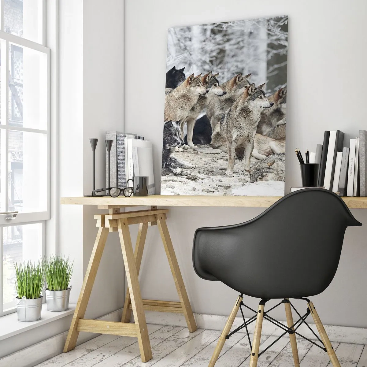 Obraz na szkle - Stado wilków w zimowym lesie - 50x70cm - Rodzina i przyjaciele - Nowoczesna dekoracja ścienna do salonu, kuchni i sypialni ARTTOR