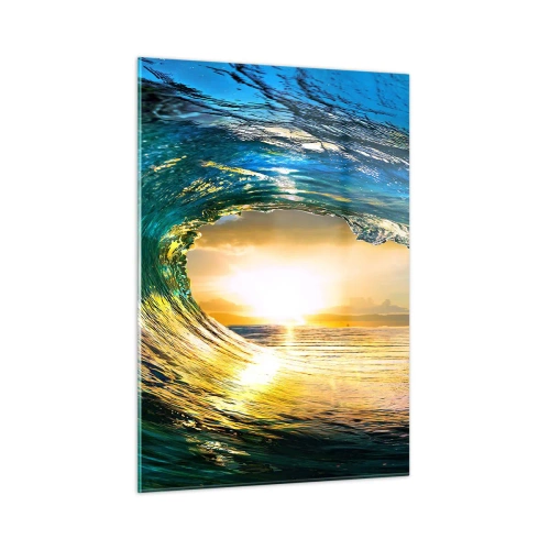 Obraz na szkle - Oceaniczna fala uchwycona w świetle zachodzącego słońca - 50x70cm - W szmaragdowo-złotym krysztale - Nowoczesna dekoracja ścienna do salonu, kuchni i sypialni ARTTOR
