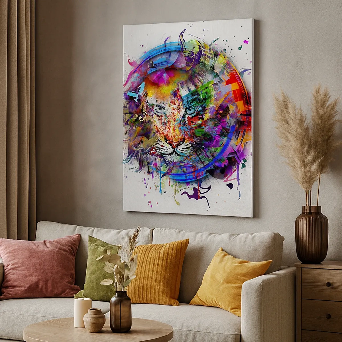 Obraz na płótnie - Kolorowy portret lwa w stylu abstrakcyjnym - 50x70cm - Czai się za tęczową zasłoną - Nowoczesna dekoracja ścienna do salonu, kuchni i sypialni ARTTOR