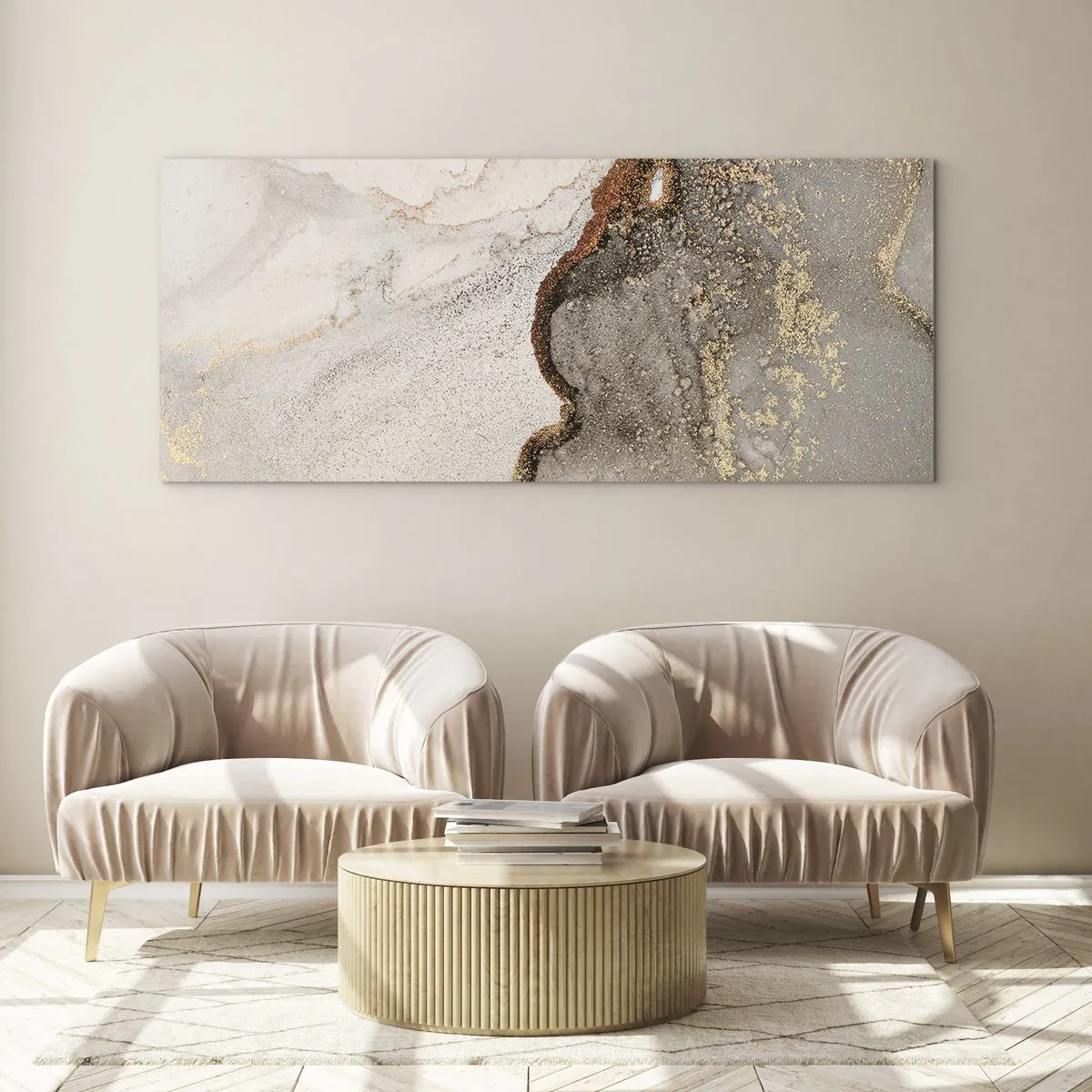 Obraz na szkle - Abstrakcyjny motyw z odcieniami złota i szarości - 120x50cm - Na granicy barw - Nowoczesna dekoracja ścienna do salonu i sypialni ARTTOR