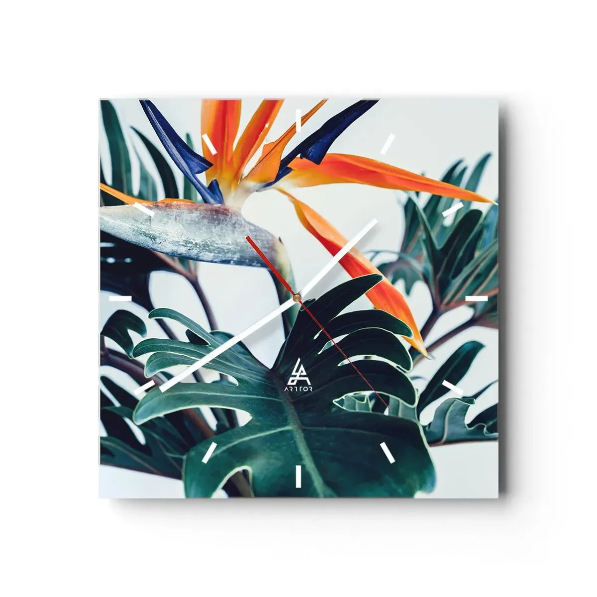 Zegar ścienny - Kwiat strelicji w otoczeniu liści w jasnym świetle - 30x30cm - Ptakokrzak - Nowoczesna dekoracja ścienna do salonu i sypialni ARTTOR