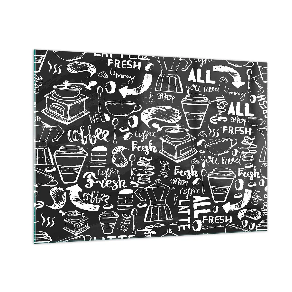 Obraz na szkle - Grafiki kawowe i napisy na czarnym tle w stylu retro - 100x70cm - All you need is… - Nowoczesna dekoracja ścienna do salonu, kuchni i sypialni ARTTOR
