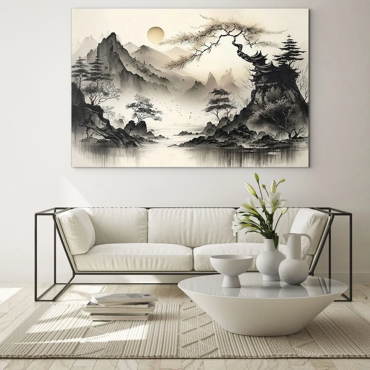 Obraz na szkle - Orientalny pejzaż górski z pagodą i drzewami - 70x50cm - Niepowtarzalny urok orientu - Nowoczesna dekoracja ścienna do salonu i sypialni ARTTOR