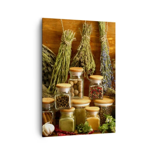 Obraz na płótnie - Zioła i przyprawy w słoikach na rustykalnym tle - 70x100cm - Kuchenne czary - Nowoczesna dekoracja ścienna do salonu i sypialni ARTTOR