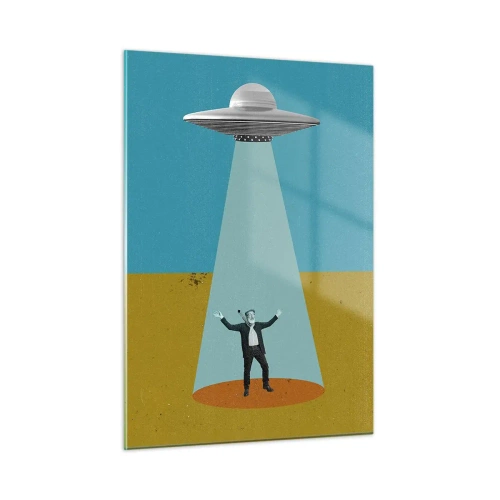 Obraz na szkle - Mężczyzna w świetle spodka kosmicznego na kolorowym tle - 50x70cm - Bliskie spotkanie - Nowoczesna dekoracja ścienna do salonu, kuchni i sypialni ARTTOR
