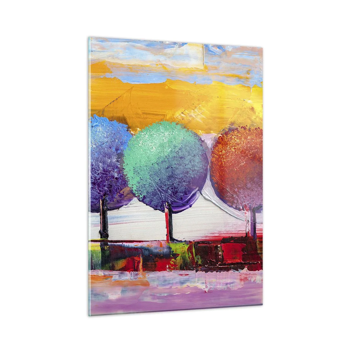 Obraz na szkle - Kolorowe abstrakcyjne drzewa na intensywnym tle - 50x70cm - Do trzech razy sztuka - Nowoczesna dekoracja ścienna do salonu, kuchni i sypialni ARTTOR