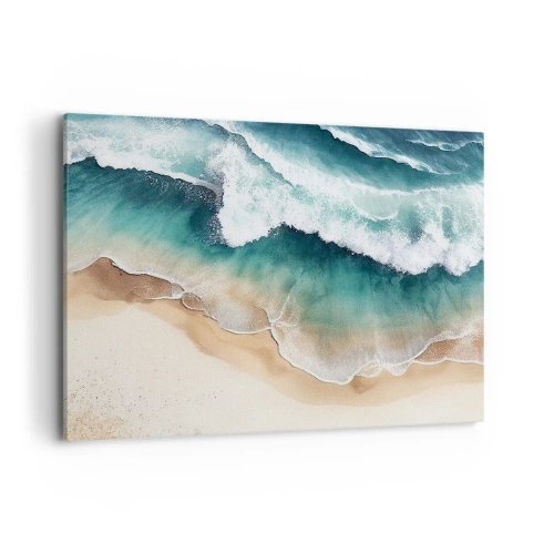 Obraz na płótnie - Widok na plażę i fale morskie w odcieniach turkusu - 100x70cm - Odwieczne spotkanie - Nowoczesna dekoracja ścienna do salonu, kuchni i sypialni ARTTOR