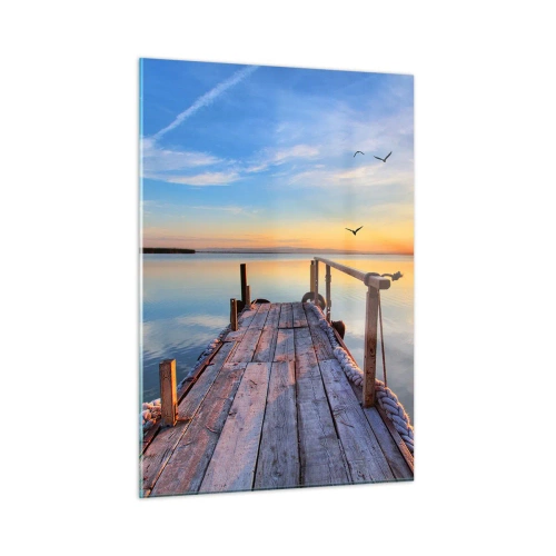 Obraz na szkle - Drewniany pomost na jeziorze o zachodzie słońca - 50x70cm - Iść przed siebie ku słońcu - Nowoczesna dekoracja ścienna do salonu, kuchni i sypialni ARTTOR