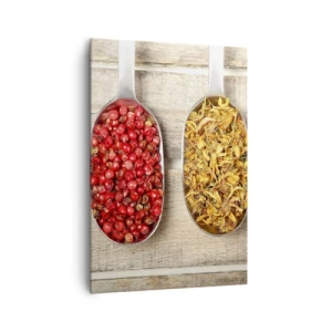 Obraz na płótnie - Trzy metalowe łyżki z przyprawami na drewnianym tle - 70x100cm - Kuchenna magia - Nowoczesna dekoracja ścienna do salonu i sypialni ARTTOR