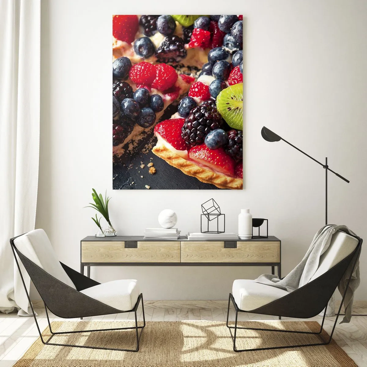 Obraz na szkle - Owocowa tarta z jagodami, kiwi i truskawkami - 50x70cm - Dolce vita! - Nowoczesna dekoracja ścienna do salonu, kuchni i sypialni ARTTOR