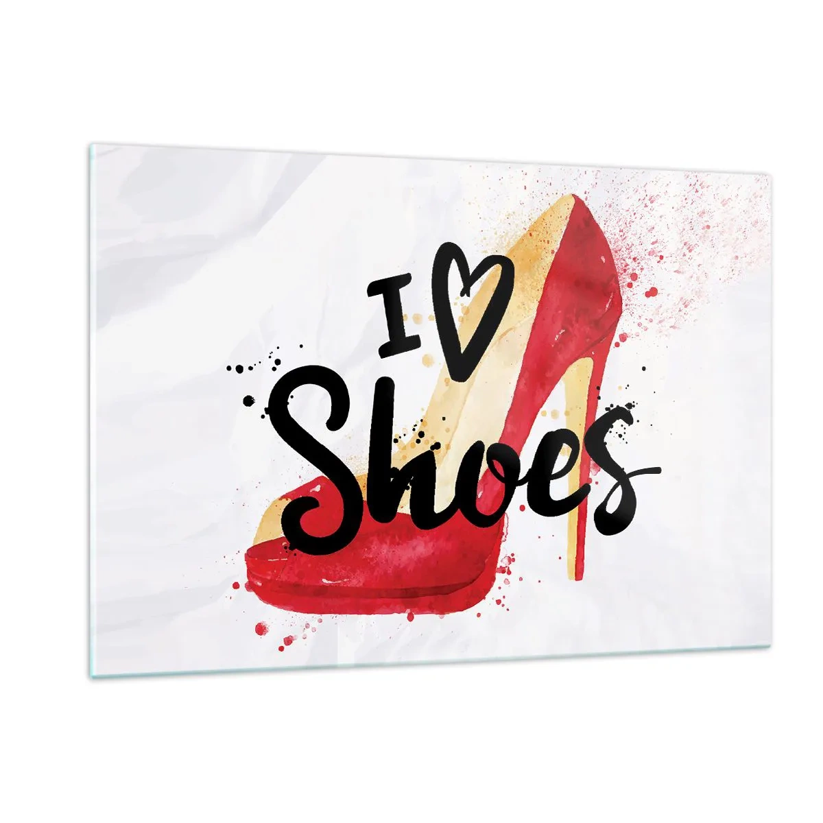 Obraz na szkle - Czerwony szpilka i napis 'I love shoes' na jasnym tle - 120x80cm - Miłość niejedno ma imię - Nowoczesna dekoracja ścienna do salonu, kuchni i sypialni ARTTOR