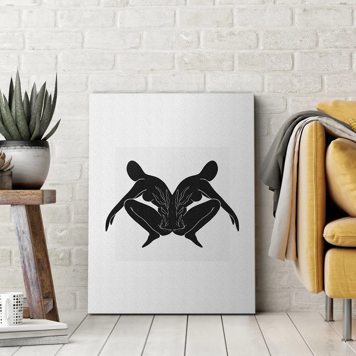 Obraz na płótnie - Symboliczna ilustracja dwóch połączonych sylwetek w czerni na jasnym tle - 50x70cm - Wspólna dusza - Nowoczesna dekoracja ścienna do salonu, kuchni i sypialni ARTTOR