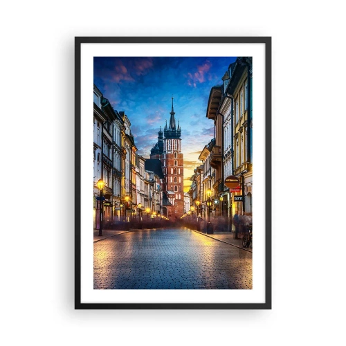 Plakat w czarnej ramie - Wieczorny widok na ulicę Grodzką i Kościół Mariacki w Krakowie - 50x70cm - Krakowski czar - Nowoczesna dekoracja ścienna do salonu i sypialni ARTTOR