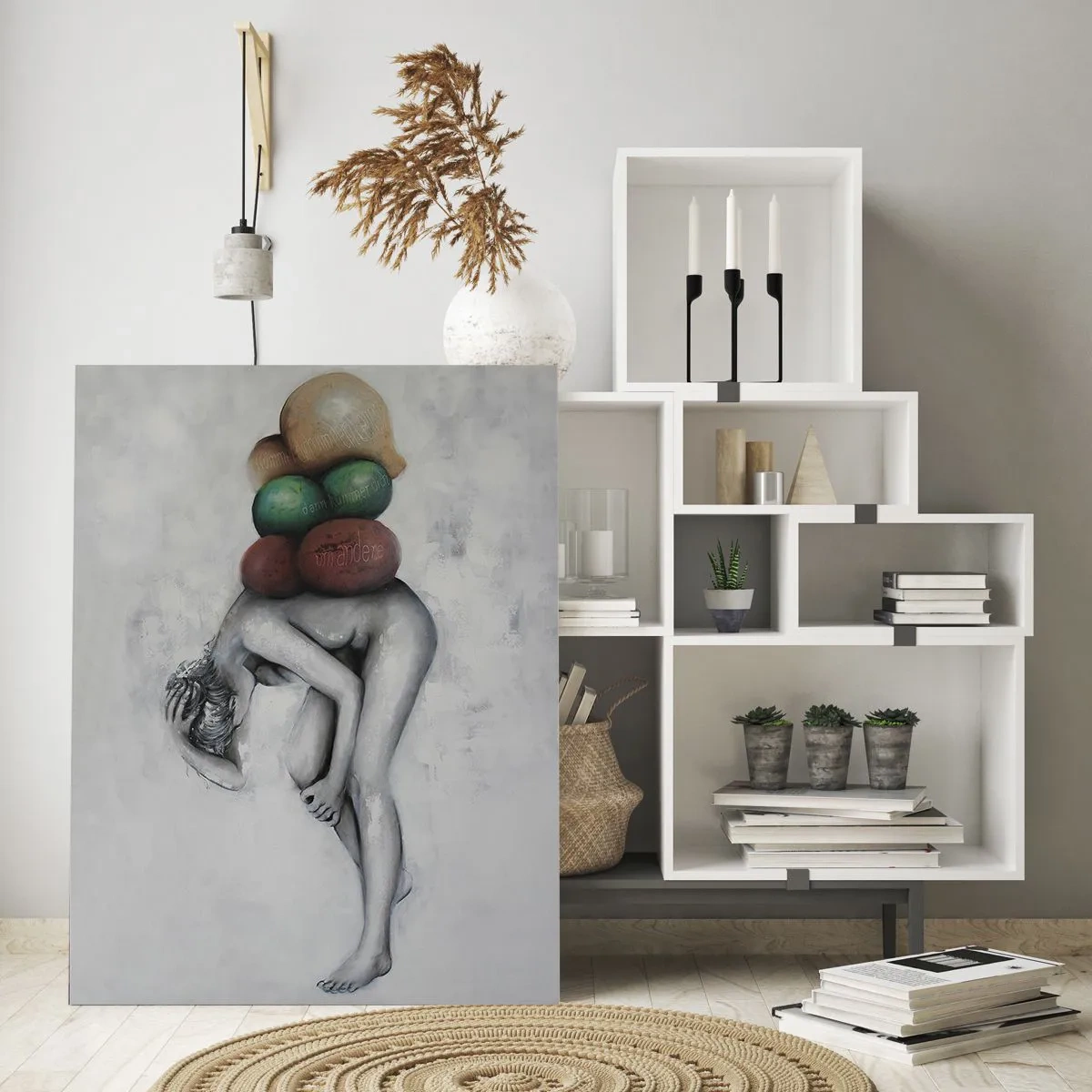 Obraz na szkle - Surrealistyczny obraz nagiej postaci dźwigającej kolorowe kule - 80x120cm - Ciężar życia - Nowoczesna dekoracja ścienna do salonu i sypialni ARTTOR