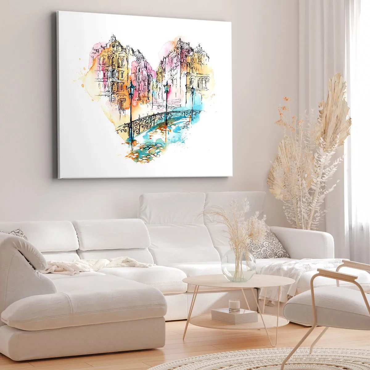 Obraz na płótnie - Akwarela mostu i kamienic w sercowym kształcie - 70x50cm - Serce miasta - Nowoczesna dekoracja ścienna do salonu i sypialni ARTTOR