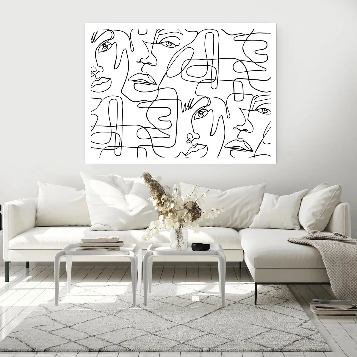 Plakat - Minimalistyczny rysunek twarzy z liniami na jasnym tle - 100x70cm - W splątanych emocjach - Nowoczesna dekoracja ścienna do salonu i sypialni ARTTOR