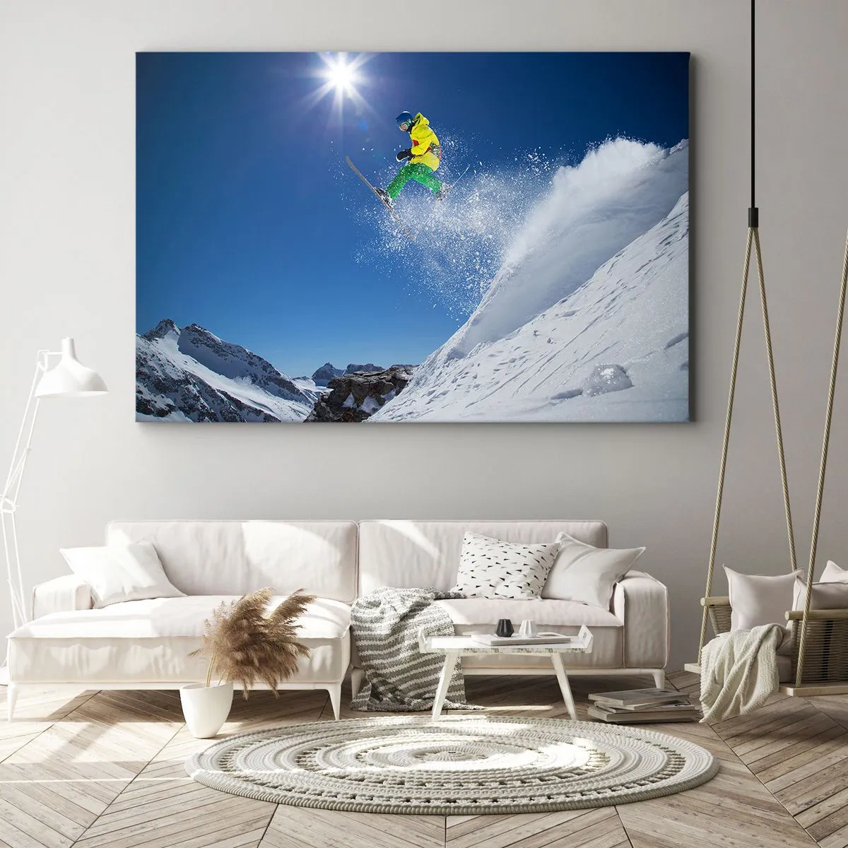 Obraz na płótnie - Narciarz w powietrzu na tle gór - 100x70cm - Tańczący z górami - Nowoczesna dekoracja ścienna do salonu, kuchni i sypialni ARTTOR