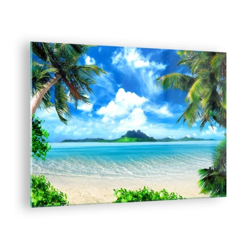 Obraz na szkle - Tropikalna plaża z palmami i widokiem na górzystą wyspę - 70x50cm - Lazur tropików - Nowoczesna dekoracja ścienna do salonu i sypialni ARTTOR